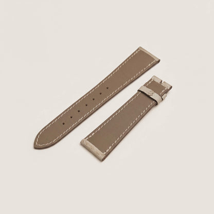 Back view of the luxury watch strap lined with genuine water-resistant French Haas Zermatt calfskin in light taupe with contrasting hand stitching.